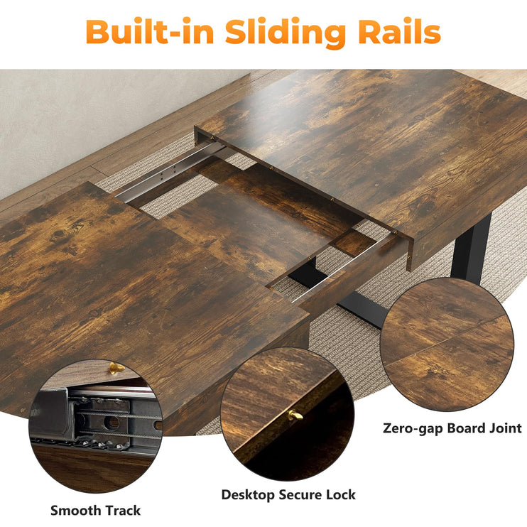 63"-78.7" Expandable Dining Table, 6-10 Farmhouse Kitchen Table, Extendable Dining Table, Rectangular Kitchen Table with Metal Track, Tapered U-Shaped Leg for Dining Room,Office-Rustic Brown