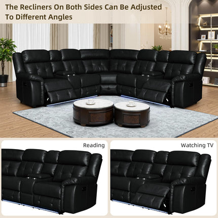 Power Leather Reclining Sofa with LED, Leather Couch with USB Port & Cup Holder/Storage Console for Living Room, Modern Power Recliner Sofa Sets with 2 Recliner Sectional, Brown