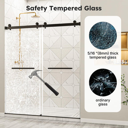 56"-60" W x 75" H Frameless Shower Door, Double Sliding Shower Doors with 5/16" (8mm) Clear Tempered Glass, Noiseless Shatterproof Shower Door, 304 Stainless Steel, Black