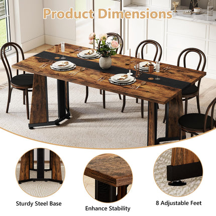 70.9" Large Dining Table for 8, Wood Dining Table for 6-8, Modern Farmhouse Kitchen Table with Spacious Tabletop & V-Shaped Steel Base, 8 Adjustable Legs for Kitchen, Office-Rustic Brown