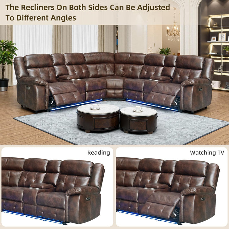 Power Leather Reclining Sofa with LED, Leather Couch with USB Port & Cup Holder/Storage Console for Living Room, Modern Power Recliner Sofa Sets with 2 Recliner Sectional, Brown