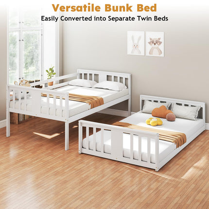 Wooden Low Bunk Bed Twin Over Twin, Solid Pine Bed Frame with Built-in Ladder, Convertible Bed Frame That Separates into 2 Twin Beds, Floor Bunk Bed for Small Spaces, Bedroom, White