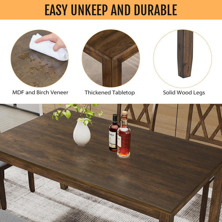 6-Piece Solid Wood Dining Table Set, Dining Table & Chair Set for 6, Including 1 Dining Table, 4 Upholstered Chairs and 1 Bench, Dining Table Set for Dining Room & Kitchen, Walnut