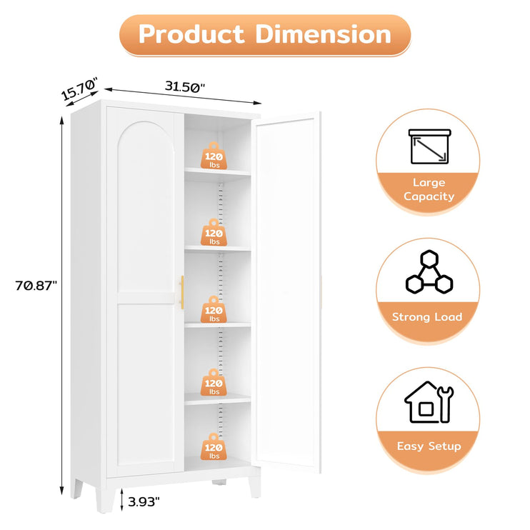 70.87" H Metal Kitchen Pantry Cabinet, Freestanding Cupboard with 2 Doors and 4 Adjustable Shelves, Tall Metal Storage Cabinet for Kitchen, Bathroom, Dinning Room or Laundry Room （White）