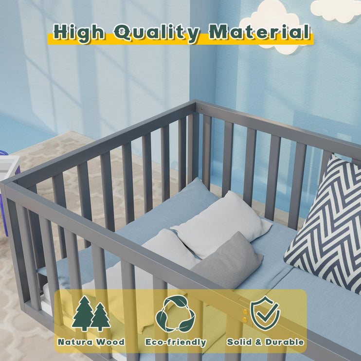Queen Size Floor Bed for Kids & Children, Queen Montessori Floor Bed with Safety Guardrails and Door, Wood Floor Beds Frame for Boys and Girls, Easy Assembly(Grey)