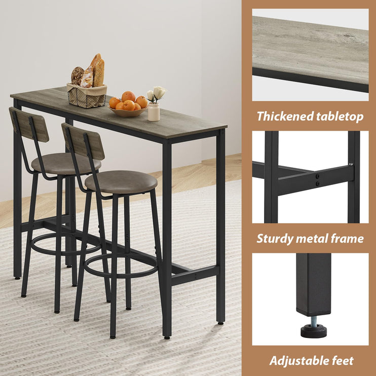 Dining Table Set for 2, 3-Piece Bar Table and Chairs Set, Kitchen Table and Chairs, High Top Table with 2 PU Upholstered Stools, Space-Saving Pub Table Sets for Small Space, Gray