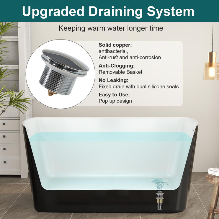 49" Acrylic Freestanding Bathtub, Modern Deep Soaking Tub with Brushed Nickel Overflow and Drain, cUPC Certified Free Standing Tub, Black