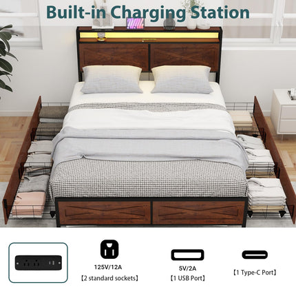 Queen Size Storage Bed Frame with 6 Underbed Drawers, Queen Platform Bed Frames with Charger & LED Lights, Metal Slats & Wooden Headboard, Easy Assembly, Reddish Brown