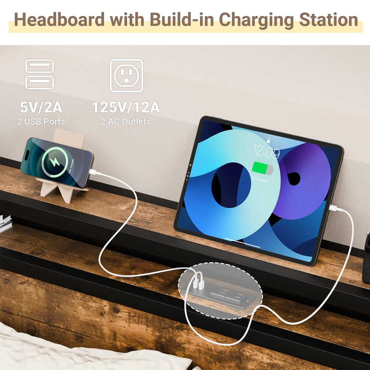 Full Size Bed Frame with Headboard, Headboard with Charging Station, 2 USB Port & 2 AC Power Outlet, Full Metal Platfrom Bed Frames No Box Spring Needed, Sturdy & Assembly, Brown