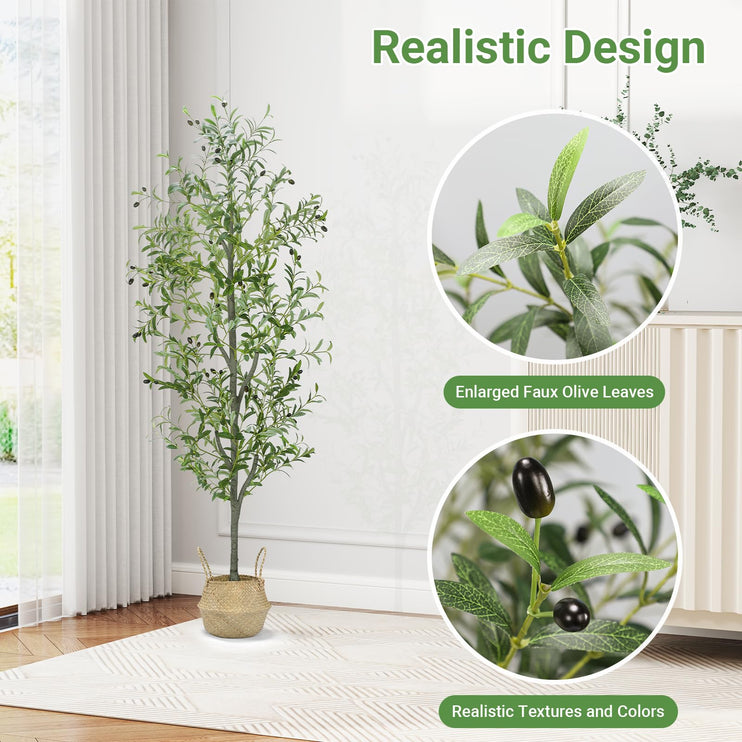 6 FT Faux Olive Tree Indoor, Tall Artificial Silk Olive Tree 6 FT, Large Indoor Fake Olive Trees with Realistic Leaves, Branches, Fruits, Faux Olive Trees Artificial Plants for Home (6 Feet)