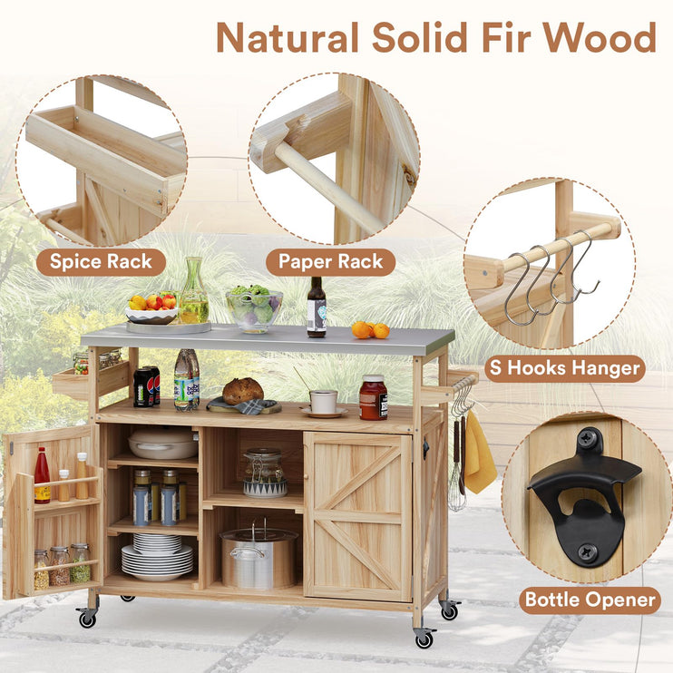 Outdoor Grill Cart with Storage, Stainless Steel Tabletop Outdoor Kitchen Island, Solid Wood Outdoor Buffet Cabinet with Wheels for Grilling, Light Wood Color
