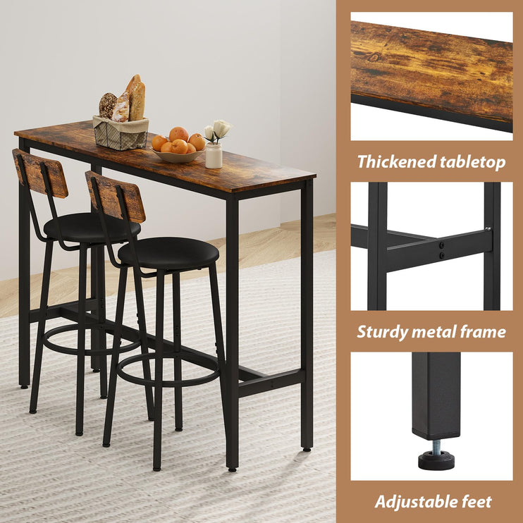 Dining Table Set for 2, 3-Piece Bar Table and Chairs Set, Kitchen Table and Chairs, High Top Table with 2 PU Upholstered Stools, Space-Saving Pub Table Sets for Small Space, Brown