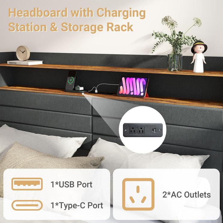 Queen Bed Frame with 4 Storage Drawers, Queen Size Upholstered Bed Frame with Headboard, LED, Charging Station with USB Ports & AC Outlets, Sturdy Metal Slat Support, Noiseless, Gray