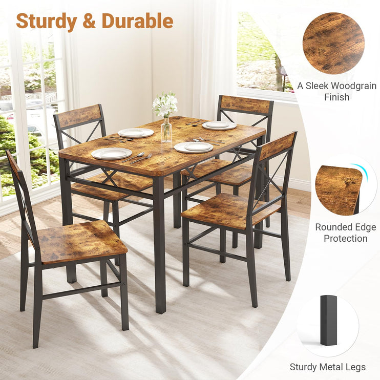 5-Piece Dining Table Set, Dining Table Set for 4, Small Kitchen Table Set for 4, Wood Dining Room Table, with 4 Curved Backrest Chairs, Compact Dining Set for Small Spaces & Kitchen-Brown