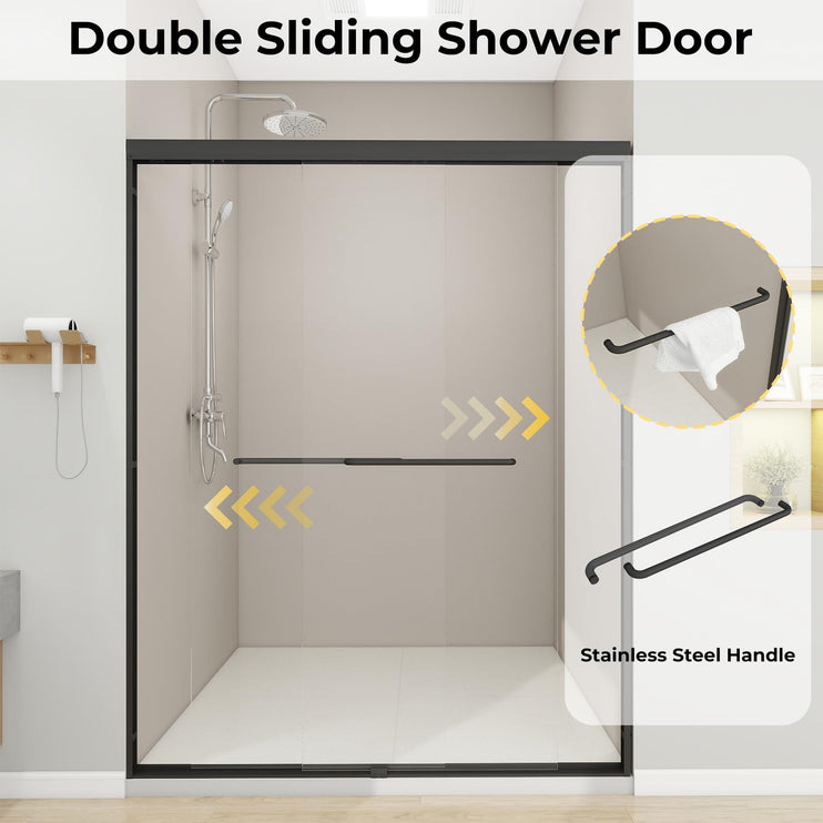 56"-60" W x 72" H Double Sliding Shower Door, Sliding Shower Doors with 1/4" (6mm) Thick Clear Tempered Glass, Silent Soft-Close Shatterproof Shower Door, Stainless Steel Handle, Black