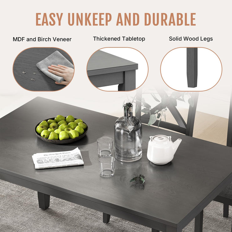 6-Piece Wooden Dining Table Set, Dining Table Set for 6, Including 1 Dining Table, 4 Upholstered Chairs and 1 Bench, Wooden Legs Dining Table, Table Set for Dining Room, Grey