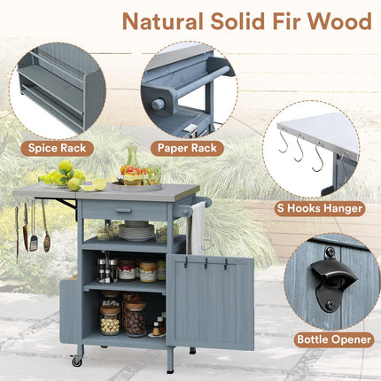 Outdoor Grill Cart with Drop Leaf, Stainless Steel Tabletop Outdoor Kitchen Island, Solid Wood Outdoor Buffet Cabinet with Drawer, Towel Rack, Lockable Wheels for Grilling, Brown/Light Wood Color/Gray-blue