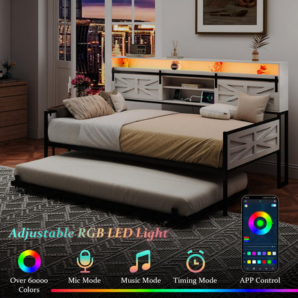 Twin Daybed with Trundle Bed, Rustic Farmhouse Daybed Frame with Sliding Barn Door Headboard LED Lights and Charging Station, Heavy Duty Metal Daybed for Bedroom Living Room Guest Room White