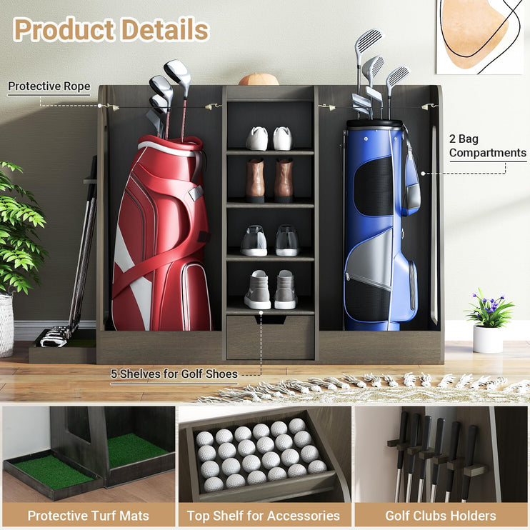 Wooden Golf Bag Organizer and Storage Rack, Golf Storage Organizer for Garage, Golf Bag storage Rack, Holds 2 Golf Bags and Other Golfing Equipment, Suitable for Garage Home Golf Club