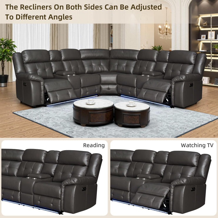 Power Leather Reclining Sofa with LED, Leather Couch with USB Port & Cup Holder/Storage Console for Living Room, Modern Power Recliner Sofa Sets with 2 Recliner Sectional, Brown