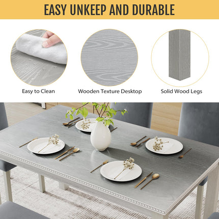 6-Piece Solid Wood Dining Table Set, Including 1 Dining Table, 4 Upholstered Chairs and 1 Bench, Wooden Dining Table Set with Crystal Decoration for Kitchen, Dining Room, Silver Grey