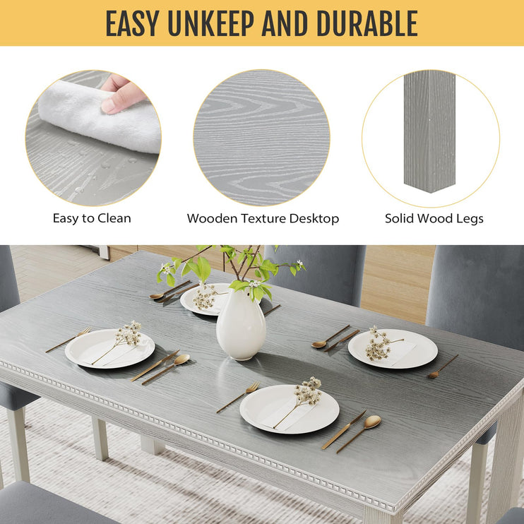 6-Piece Solid Wood Dining Table Set, Including 1 Dining Table, 4 Upholstered Chairs and 1 Bench, Wooden Dining Table Set with Crystal Decoration for Kitchen, Dining Room, Silver Grey