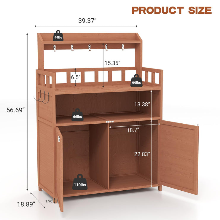 Outdoor Potting Bench Table for Outside, Solid Fir Wood Garden Horticultural Planting Workstation with Large Storage Cabinet and Top Shelf for Gardening, Patio, Backyard