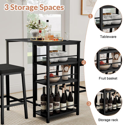 3 Pieces Pub Dining Table Set, Dining Table Set for 2, Counter Height Dining Set, Black Kitchen Bar Table, with 3 Storage Shelf & 2 H-Shaped Frame Support PU Stools for Bar, Kitchen-Black