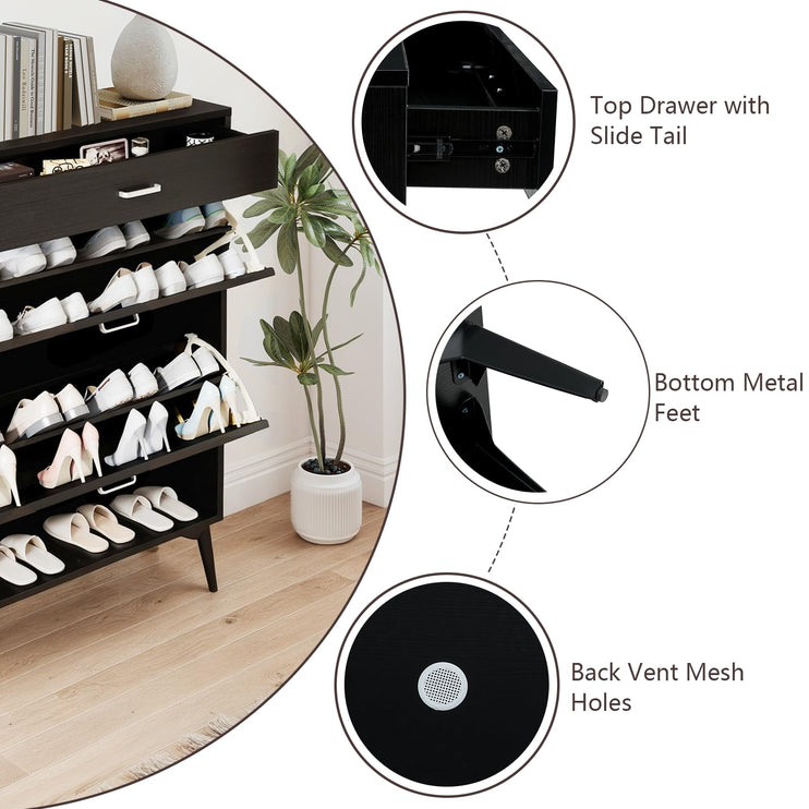 Black Shoe Cabinet with 2 Flip Drawers, Freestanding Shoe Storage Cabinet with Adjustable Shelf, Metal Legs for Entryway Hallway