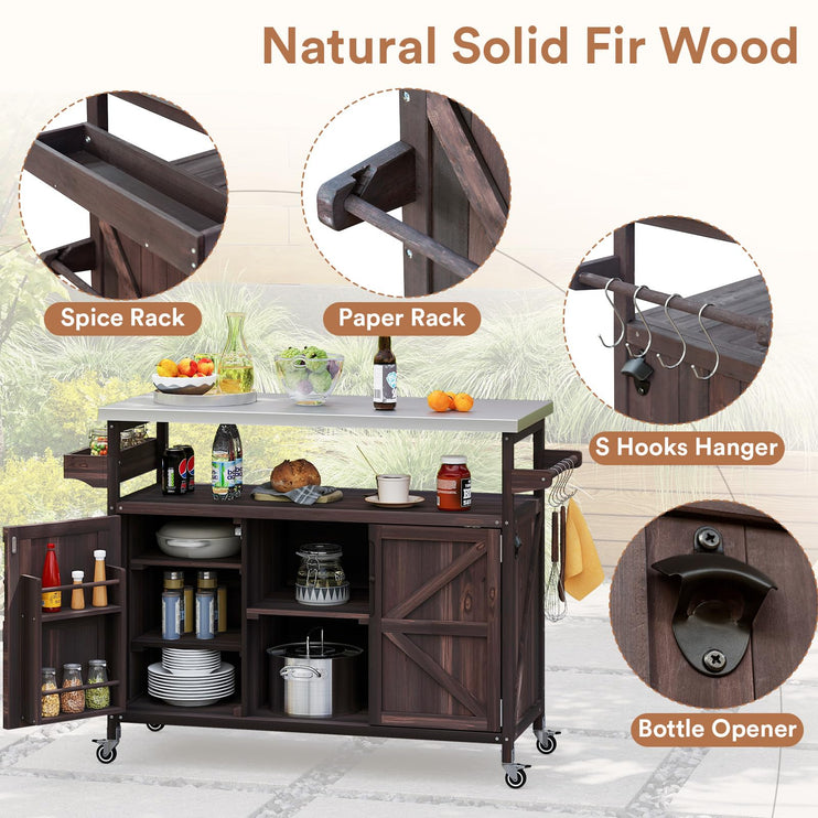Outdoor Grill Cart with Storage Space, Stainless Steel Tabletop Outdoor Kitchen Island, Fir Wood Outdoor Buffet Cabinet with Lockable Casters for Grilling, Brown