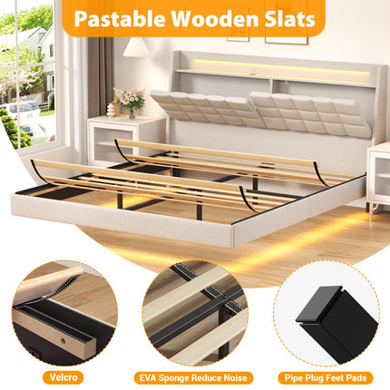 Floating King Bed Frame with Storage Headboard, Upholstered Platform Floating Bed Frame King with LED Lights, Charging Station with USB Ports, Noiseless, White