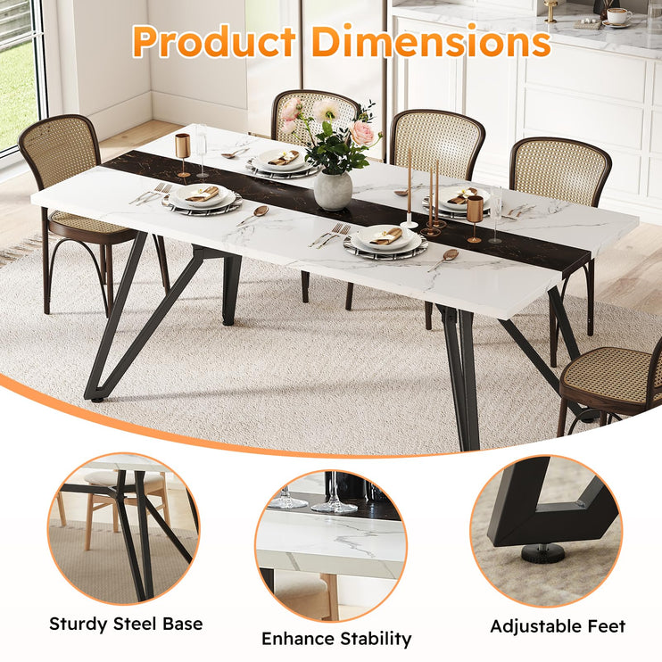 70.9" Dining Table for 6-8 People, Large Farmhouse Dining Room Table, Modern Rectangular Kitchen Table with Spacious Tabletop & Triangular-Shaped Steel Base for Kitchen, Dining Room-White