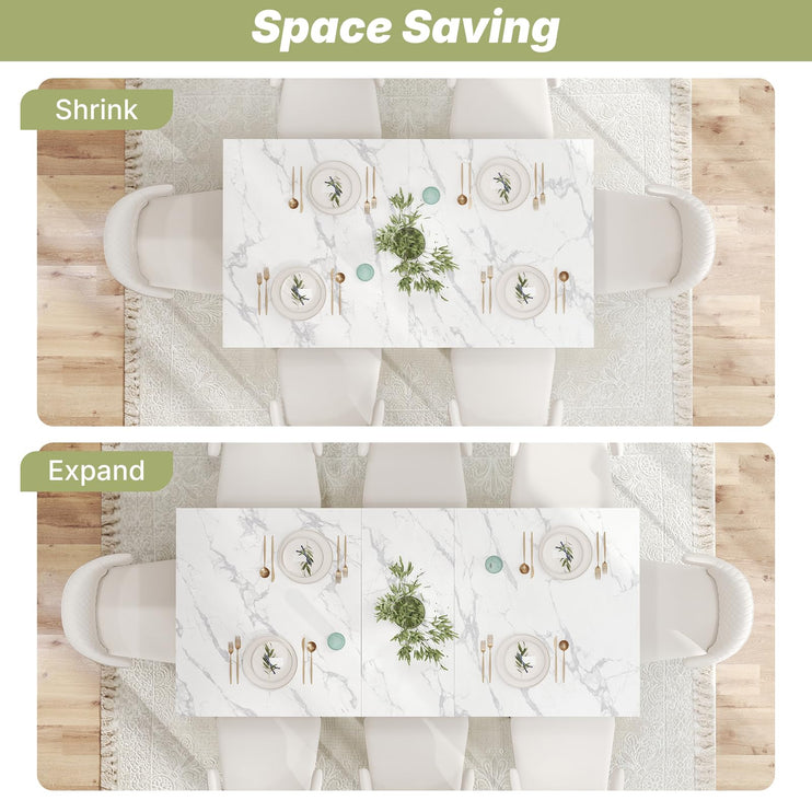 63"-78.7" Expandable Dining Table, 6-10 Farmhouse Kitchen Table, Extendable Console Table, Wooden Farmhouse Kitchen Table with Metal Track & Dual Column Base for Dining Room, Office-White