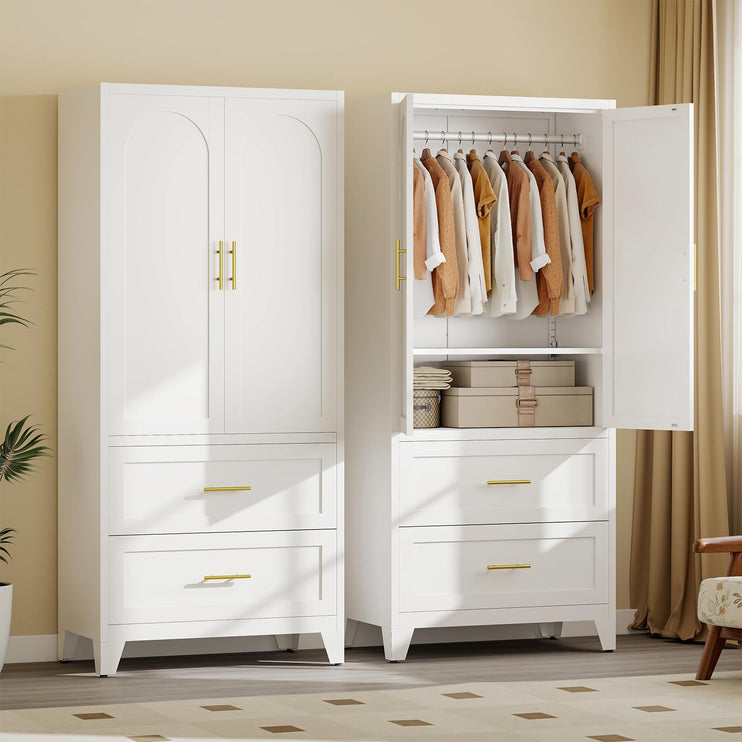 Metal Armoire Wardrobe Closet with Drawers, 2 Doors and Adjustable Shelf, White Wardrobe Cabinet 70.87" X 31.5" X 17.72" Tall Storage Cabinets for Bedroom, Laundry Room, Office