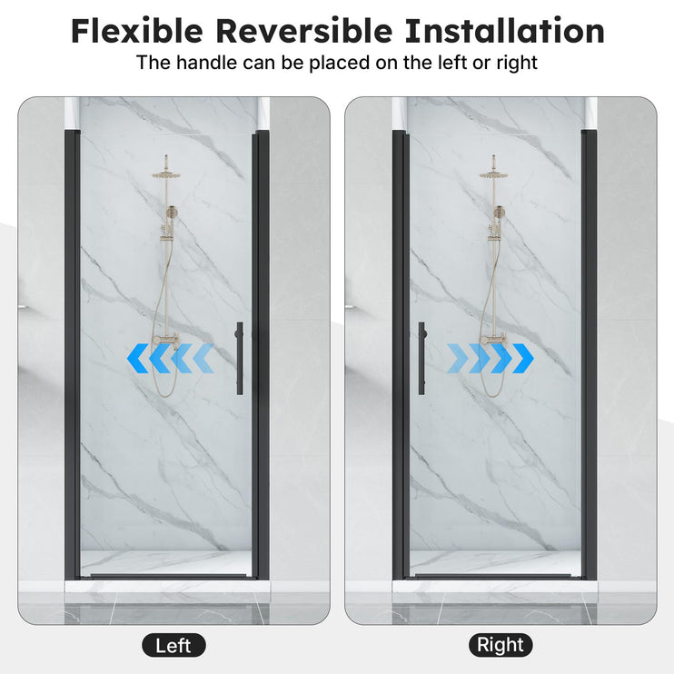 Adjustable 34-35.5" W x 75" H Semi-Frameless Pivot Shower Door, 1/4" (6mm) Clear Tempered Glass Shower Door, Pivot Swing Shower Glass Door, Reversible Installation, Black