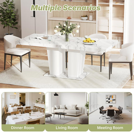 63"-78.7" Expandable Dining Table, 6-10 Farmhouse Kitchen Table, Extendable Console Table, Wooden Farmhouse Kitchen Table with Metal Track & Dual Column Base for Dining Room, Office-White