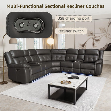 Power Leather Reclining Sofa with LED, Leather Couch with USB Port & Cup Holder/Storage Console for Living Room, Modern Power Recliner Sofa Sets with 2 Recliner Sectional, Brown