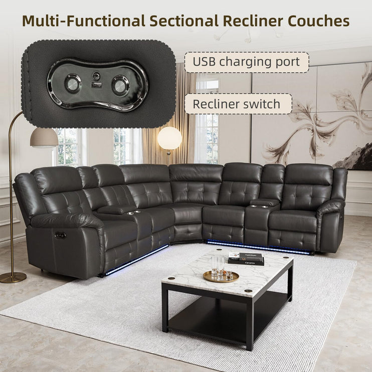 Power Leather Reclining Sofa with LED, Leather Couch with USB Port & Cup Holder/Storage Console for Living Room, Modern Power Recliner Sofa Sets with 2 Recliner Sectional, Brown