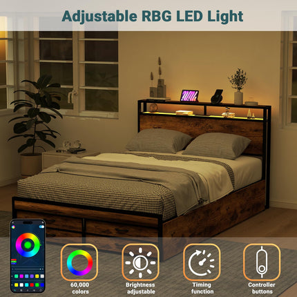 Full Bed Frame with 8 Storage Drawers, Full Metal Bed Frame with LED Light and Charging Station, Heavy Duty Metal Slats, No Box Spring Needed, Rustic Brown