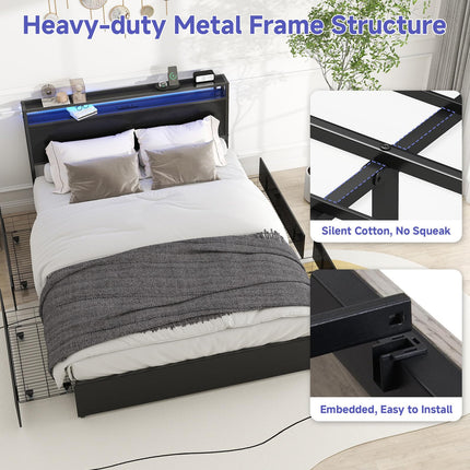 Full Bed Frame with 4 Storage Drawers, Full Size Bed Frame with Headboard, LED, Charging Station with USB Ports & AC Outlets, Sturdy Metal Slat Support, No Noise, Black