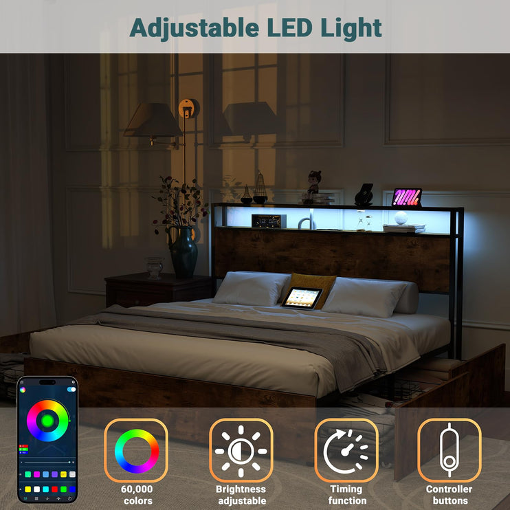 Queen Bed Frame with 4 Storage Drawers, Wooden Headboard with Charging Station & Adjustable LED Lights, Large Under-Bed Space, Queen Metal Platform Bed Base, No Box Spring Needed, Brown