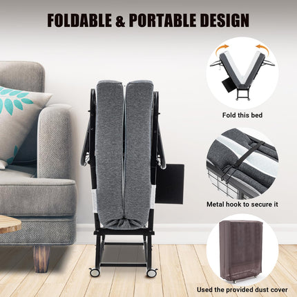 Folding Bed with 5" Mattress for Adults Portable Rollaway Bedframe for Guests, Strong Metal Frame 75” x 39” Black Gray