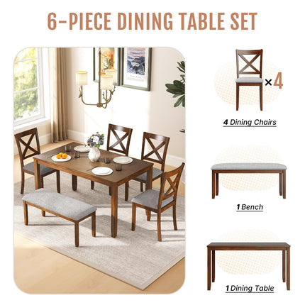 6-Piece Solid Wood Dining Table Set, Including 1 Dining Table, 4 Upholstered Chairs and 1 Bench, Wooden Dining Table Set for Kitchen, Dining Room, Walnut
