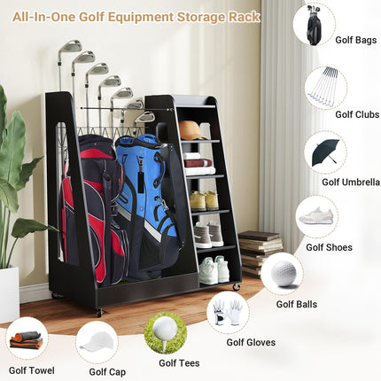Wooden Golf Bag Organizer and Storage Rack, 2 Golf Bag Storage Rack with Wheels, Golf Storage Organizer for Garage, Suitable for Garage Home Golf Club, Black