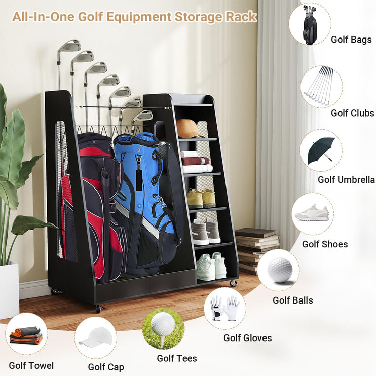 Wooden Golf Bag Organizer and Storage Rack, 2 Golf Bag Storage Rack with Wheels, Golf Storage Organizer for Garage, Suitable for Garage Home Golf Club, Black