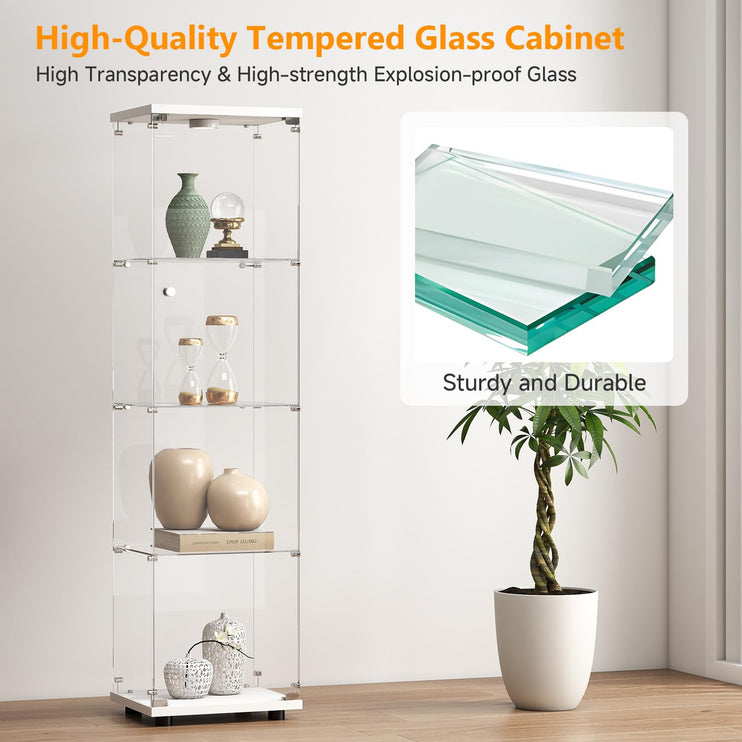 Tempered Glass Display Cabinet with Lights, 4-Tier Curio Cabinet with Glass Doors and Lock, Glass Display Case for Collectibles, for Living Room, Office, Bedroom, Single Door, White