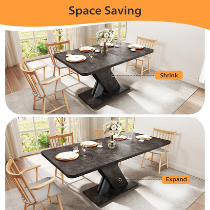 55"-70.87" Expandable Dining Table, Dinner Table for 4-8, Farmhouse Kitchen Table with X-Shaped Design Base, Rectangular Long Kitchen Table with Metal Track for Dining Room, Office-Marble
