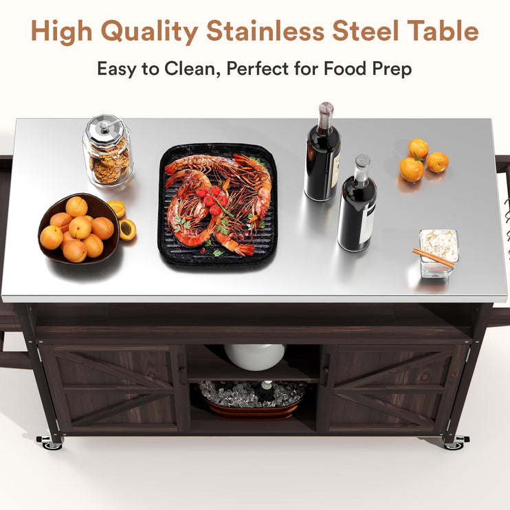 Outdoor Grill Cart with Storage Space, Stainless Steel Tabletop Outdoor Kitchen Island, Fir Wood Outdoor Buffet Cabinet with Lockable Casters for Grilling, Brown