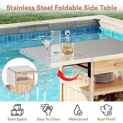 Outdoor Grill Cart with Drop Leaf, Stainless Steel Tabletop Outdoor Kitchen Island, Solid Wood Outdoor Buffet Cabinet with Drawer, Towel Rack, Lockable Wheels for Grilling, Brown/Light Wood Color/Gray-blue