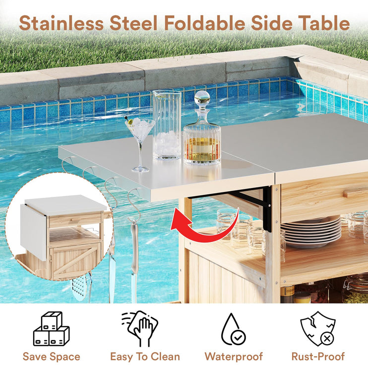 Outdoor Grill Cart with Drop Leaf, Stainless Steel Tabletop Outdoor Kitchen Island, Solid Wood Outdoor Buffet Cabinet with Drawer, Towel Rack, Lockable Wheels for Grilling, Brown/Light Wood Color/Gray-blue